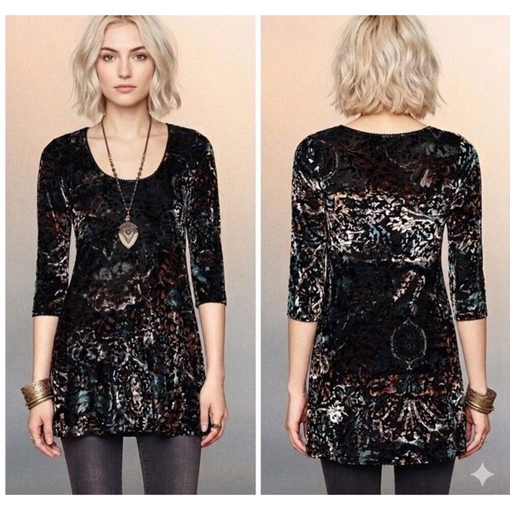 Free People Semi Sheer Floral Velvet Burnout Tunic Dress Size Med Boho  EUC